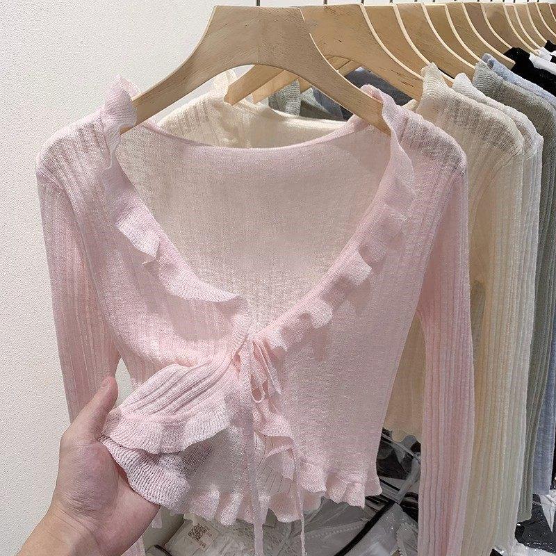 French Ribbed Lace-Up Cardigan - Long Sleeve Knit Shawl for Spring 2026 Women’s Collection