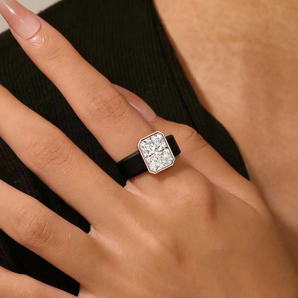 14K golden plated women's ring; minimalist princess-cut  CZ black silicone ring; perfect for everyday , anniversaries