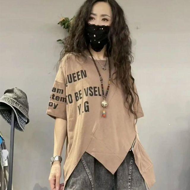 Summer Streetwear Letter Printing Irregular Zipper Tees Ladies Round Neck Loose Casual All-match Pullovers Ladies's T-shirt