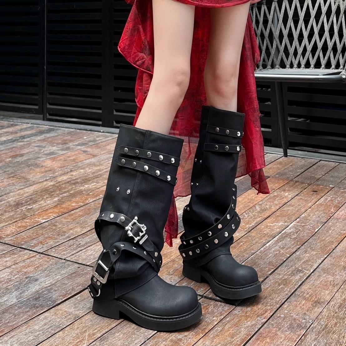 

Cowhide version retro Spice Girl Riveted Pants Boots Women s round head thin long boots niche tall boots feeling knight boots 35