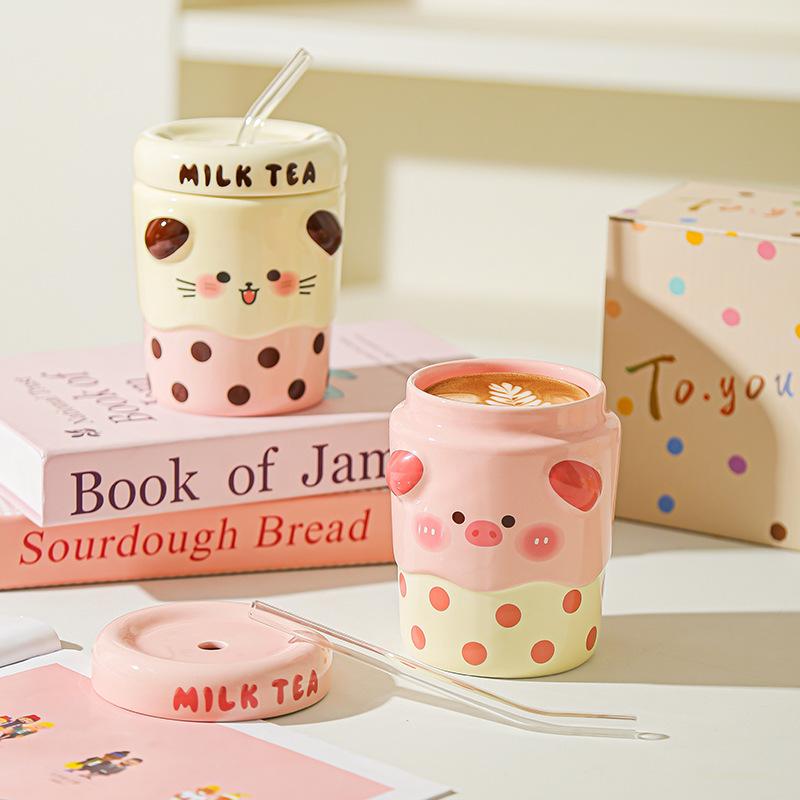 Cute Mug Couple Straw Cup with Lid Cup Gift Box Ceramic Cup Souvenir Birthday Gift Girl Practical