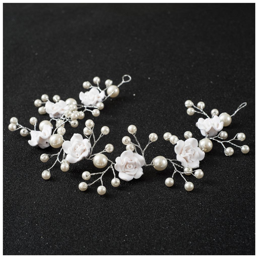 Bridal White Flower Headband Soft Ceramic Rose Headdress Pearls Hair Vine for Banquet Wedding Masquerade