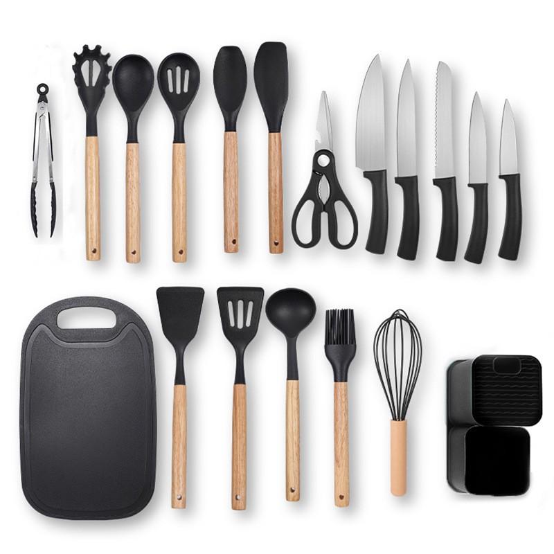 19-Piece Silicone Kitchen Utensil Set With Wooden Handle Heat Resistant Nonstick Cookware Tools Home Use with Wooden Handle, 19-Piece, 1200g - Black