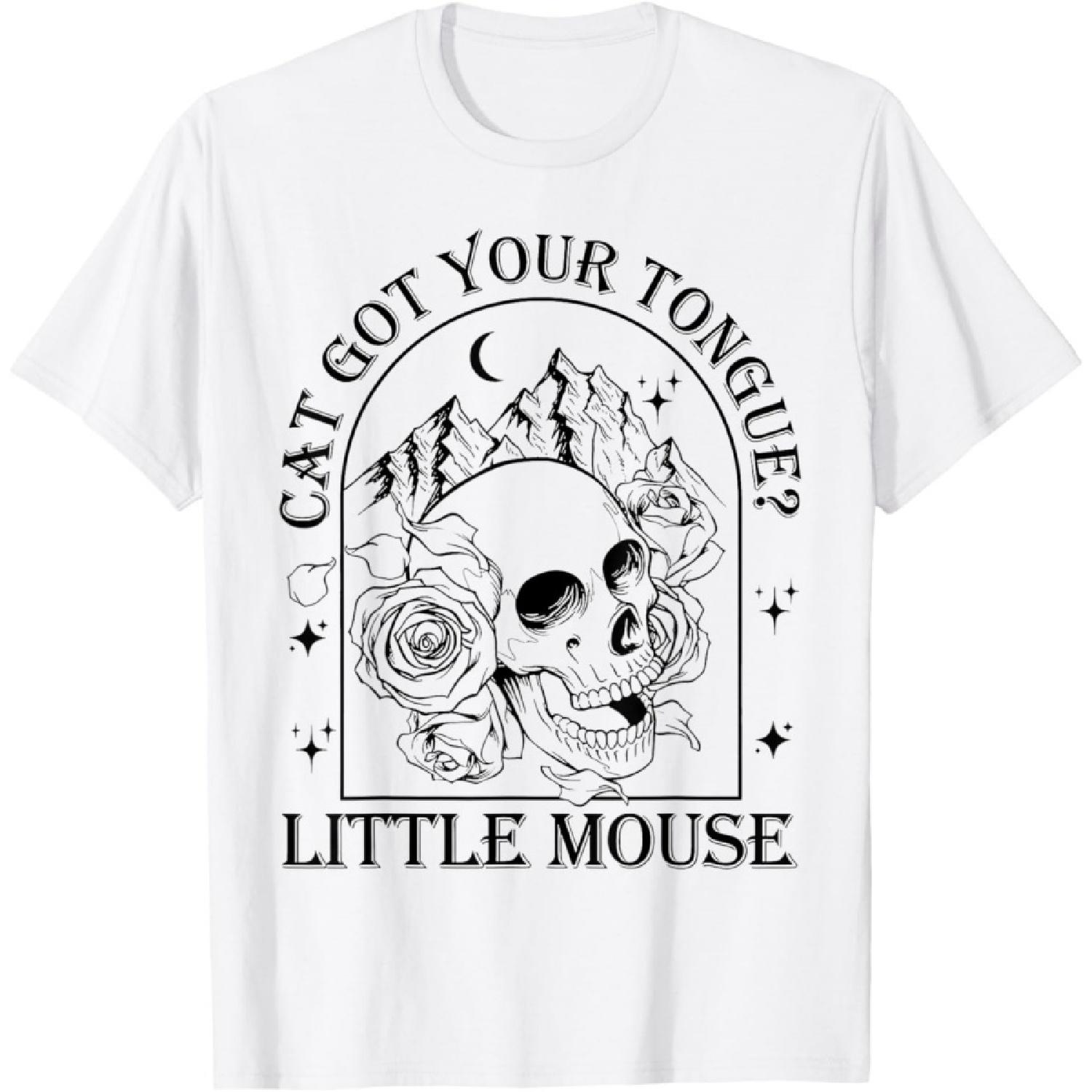 Cat Got Your Tongue Little Mouse Skull Flower Book Lover T-Shirt S