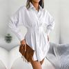 Women Autumn Winter High Waist Asymmetric Dress Shirt Solid Color Lantern Sleeve Lapel Neck Dress