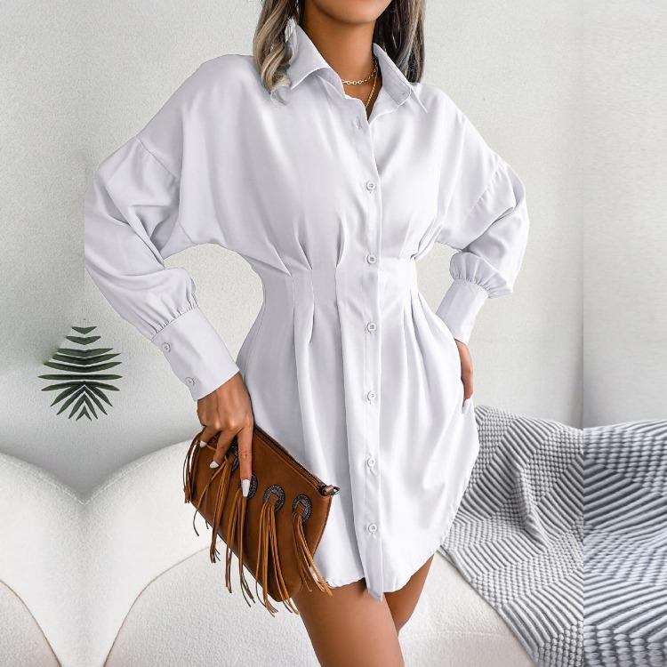 Women Autumn Winter High Waist Asymmetric Dress Shirt Solid Color Lantern Sleeve Lapel Neck Dress