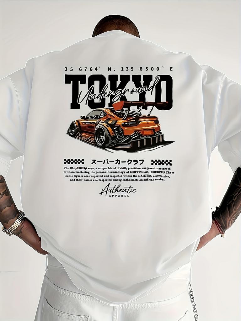Men's Tokyo Pattern T-shirt - Back Printed Drift Racing Design Street Style Shirt Anime Theme Top Car Illustration Shirt