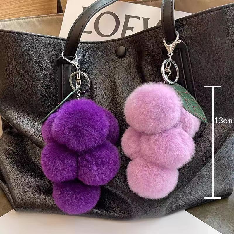 Cute Grape Poms Bag Chain Keychains Fluffy Pompoms Pendant Rex Rabbit Fur Pompoms Keyring Backpack Bag Accessories