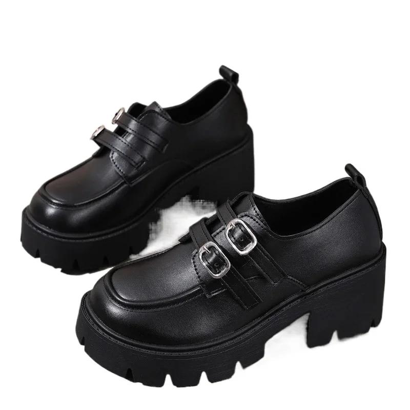 

Модные лоферы большого размера Женские туфли на высоком каблуке с круглым носком на массивном каблуке на платформе с ремешком и пряжкой Классические повседневные офисные 35