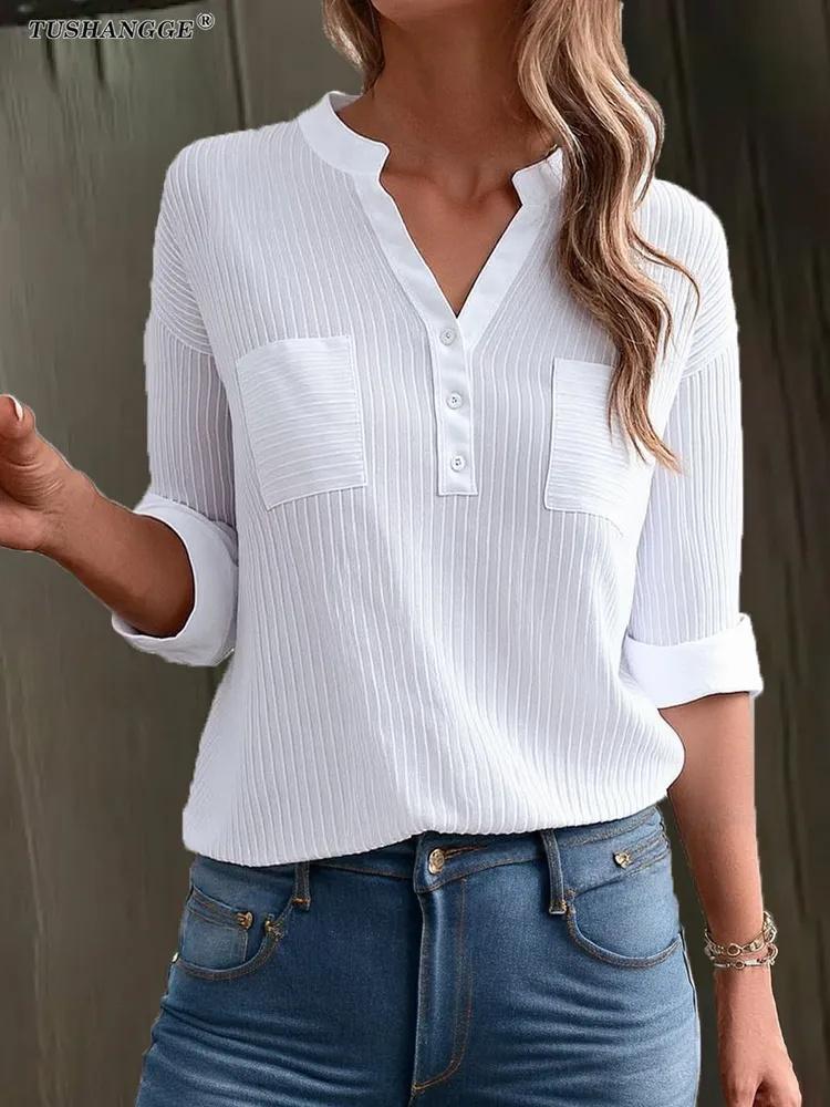 Women's  Shirt With Three-quarter Sleeves And A V-neck