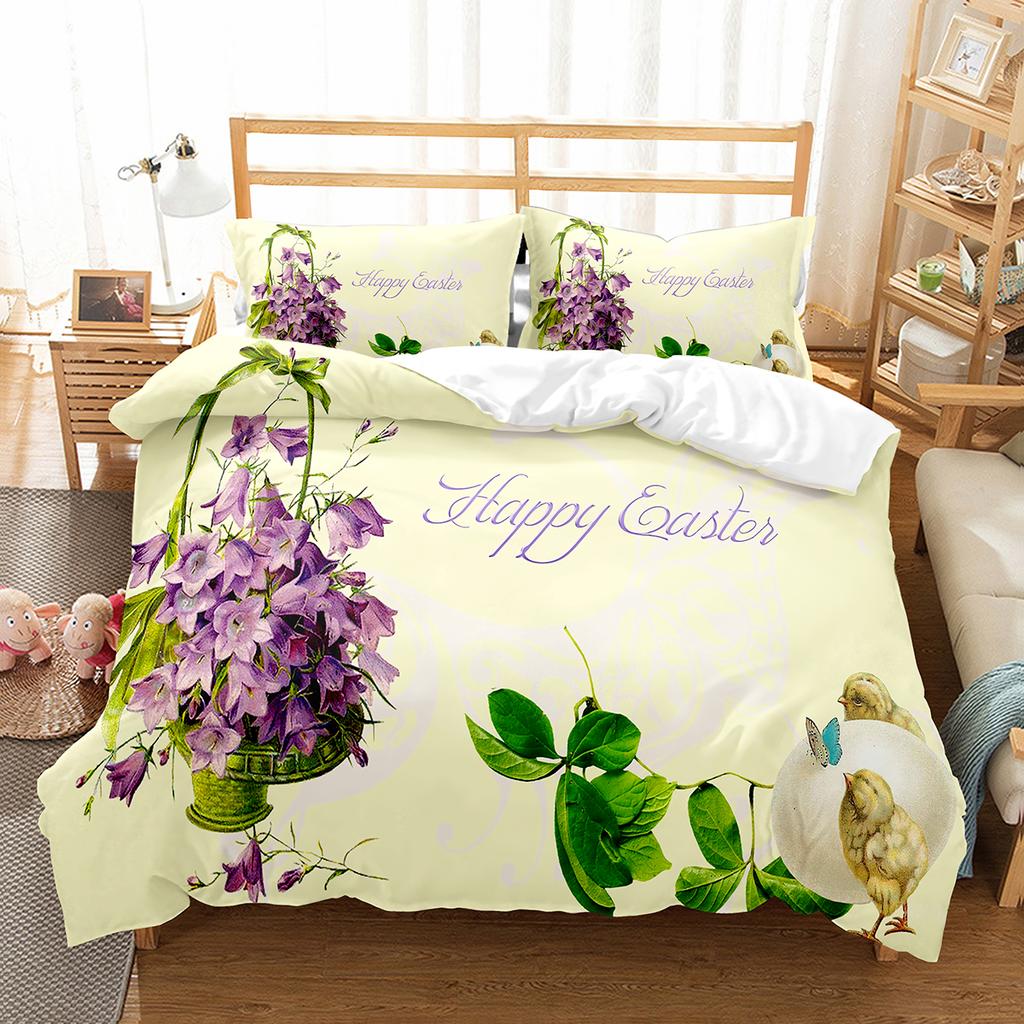 Cartoon Rabbit Duvet Cover Set Twin Queen Colorful Eggs Bedding Set Microfiber Floral Comforter Cover For Girls Boys Easter Gift