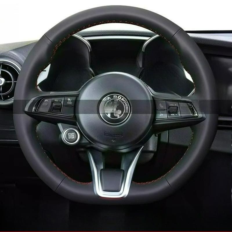 Hand Stitched Renovation Non-slip Wear-resistant Black Leather For Alfa Romeo Stelvio Giulia 2020-2022 Car Steering Wheel Cover