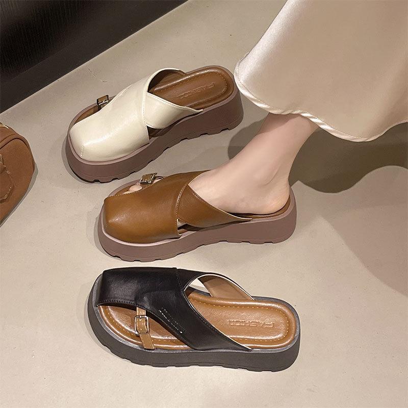 Retro fashion muffin thick bottom comfortable versatile lazy sandals women's outer wear 2025 spring and summer new bag head half slippers