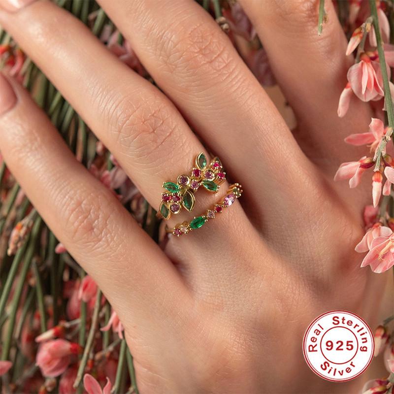 S925 Sterling Silver Small Fresh And Sweet Ring Turquoise Colored Treasure Ring Mori Matching Ring Tail Ring