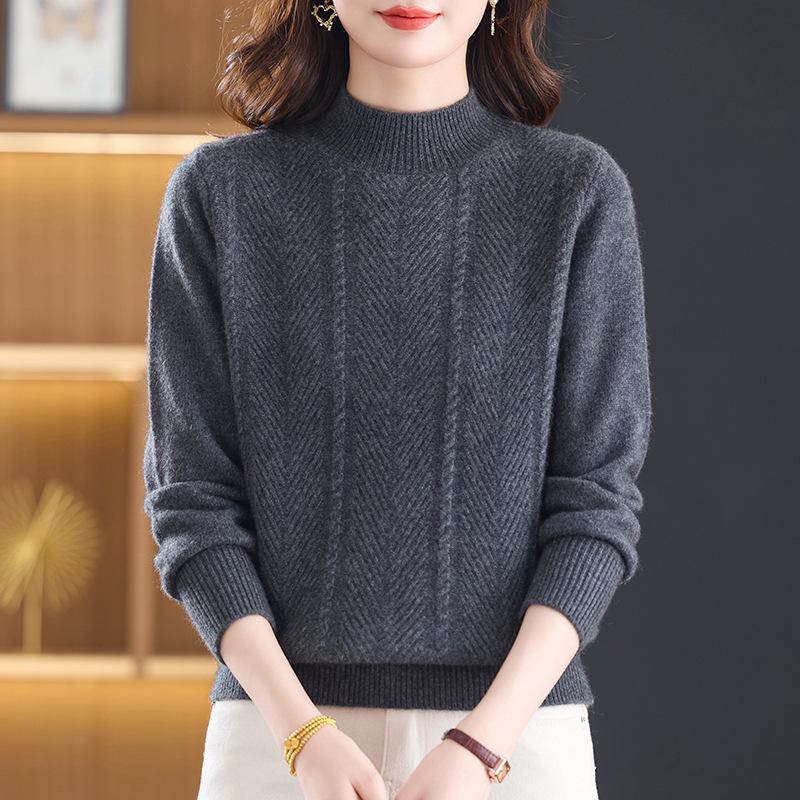 Women's Pure Wool Sweater - Thick Knit, Half-High Collar, Autumn/Winter Style for Middle-Aged & Elderly.