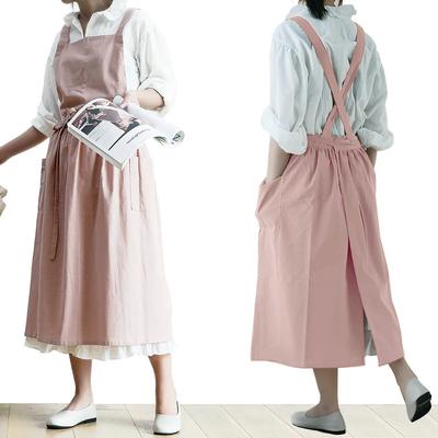 Kurzer Nordic Wind Faltenrock Baumwoll-Leinen-Schürze Damen Mädchen Vintage Schürze Gartenarbeiten Kreuzrücken Latzkleid