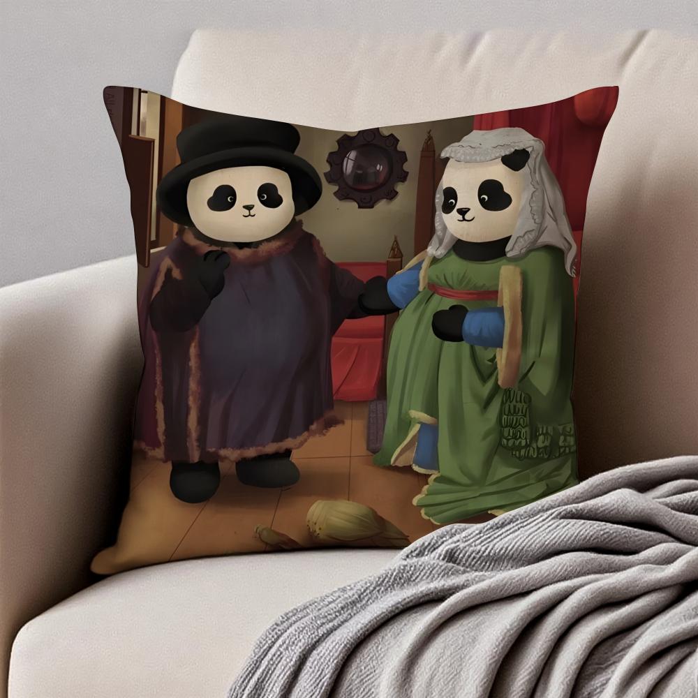 Retro Adorable Cute Panda Cartoon Art Cushion Cover Pillowcase Antidustmite Invisible Zipper Short Plush Sofa Cushion