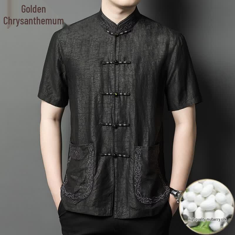 Men s 100% Mulberry Silk Chinese Style Short-Sleeve Tang Suit Shirt 2XL