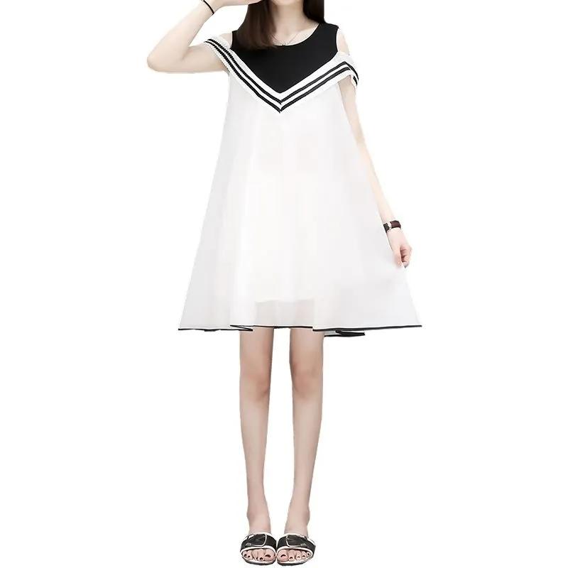 Summer new Korean version of the fake two large size women's short-sleeved long chiffon dress