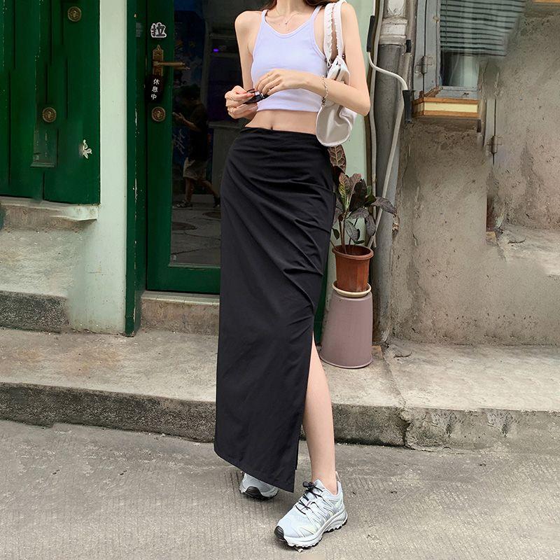 

American Workwear Skirt Women s Autumn High Waist Slimming Slit Hip-Wrapped Mid-Length Dress Fashion Ins Sexy Draped Dress Black L
