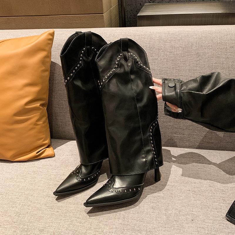 

Винтажные ботинки из мягкой кожи в римском стиле с острым носком и заклепками, универсальные ковбойские ботинки в западном стиле, ботинки на тонком каблуке с боковой молнией, женские 40 чёрный
