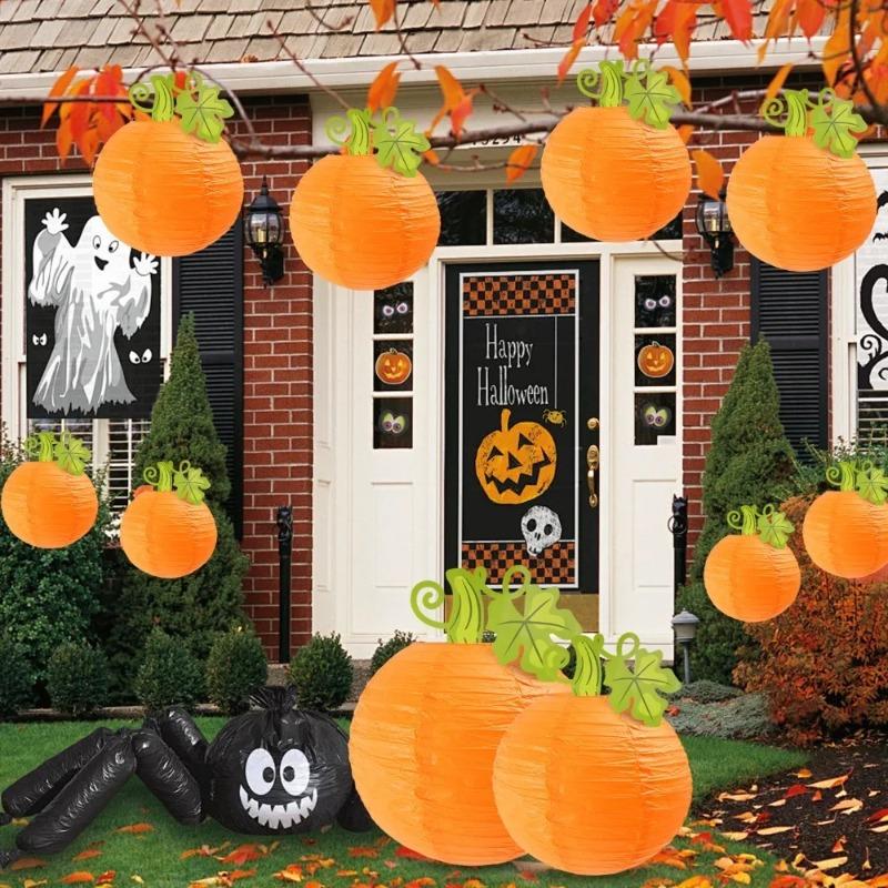 Halloween Round Paper Pumpkin Hanging Lantern Decoration for Thanksgiving Fall Festival Indoor Outdoor Party Patio Home Holiday Scene Decor Supplies
