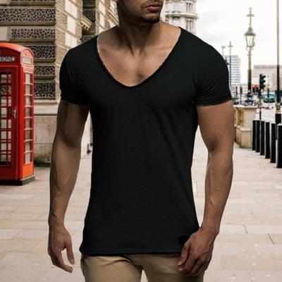 Men Summer T-shirt Short Sleeves V Neck Solid Color Soft Slim Fit Breathable Mid Length Elastic Casual Pullover Men Sport Top