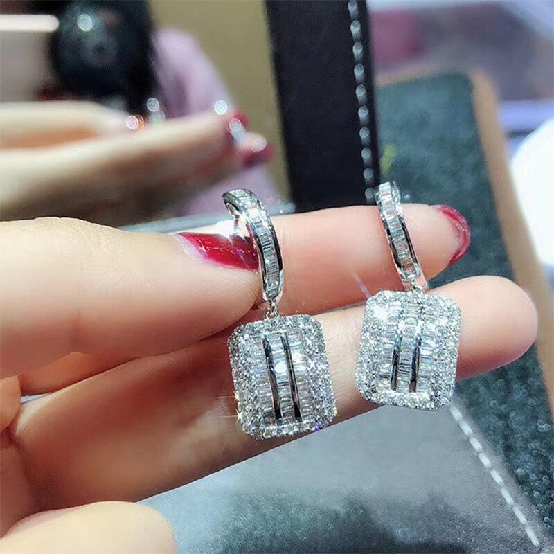 Halo Cushion Square Pendant Drop Earrings Baguette & Round Mixed Cubic Zirconia Inlaid Hoop Silver Tone Formal Ladies Accessories