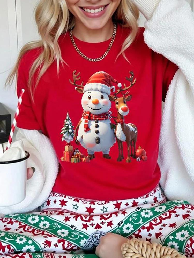 Christmas Women Casual T Shirt Cartoon Snowman Reindeer Christmas Tree Print Female Short Sleeve T-Shirt Suitable for All Season