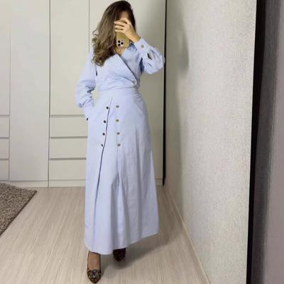 Cross-border European and American Women's Clothing Light Blue Simple Solid Color Spring and Autumn Shirt Jacket Waist Dress Long Dress