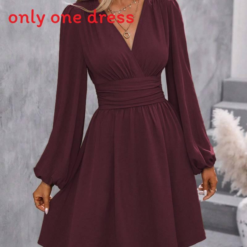 Polyester Vneck Lantern Sleeve Dress With Pleats For Casual And Party Wear