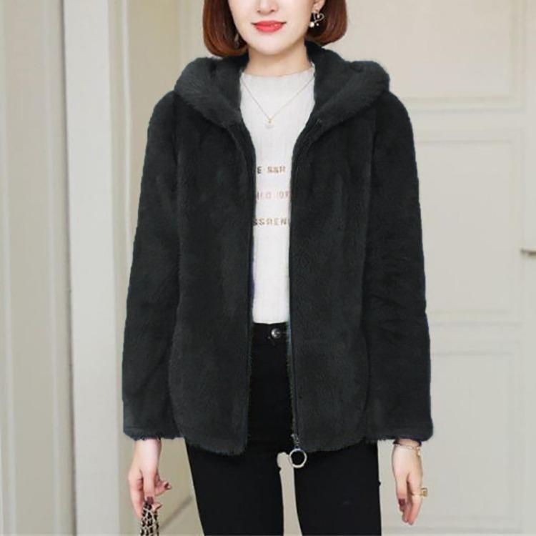 Warm Lamb Wool Jacket Women Loose Hooded Sweater Solid Color Double Sided Coral Velvet Zippered