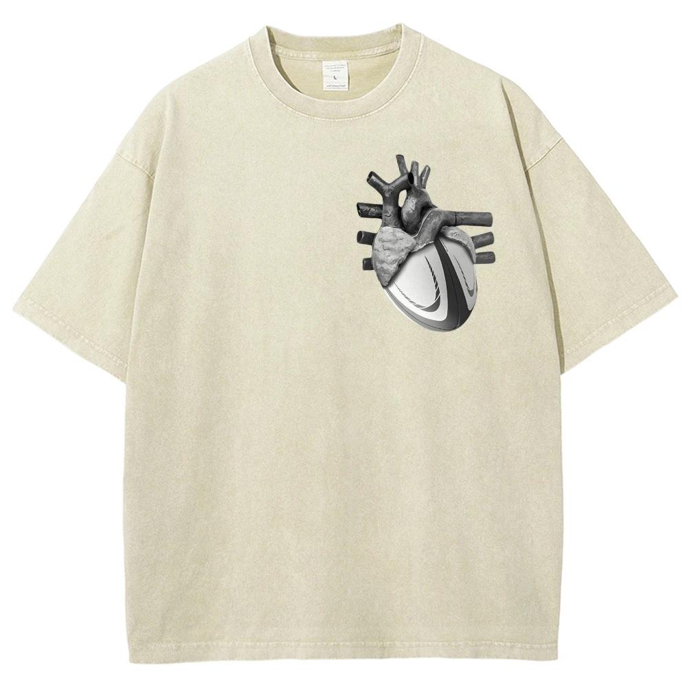 

Fit Washed Tees Сердце Футбол Регби Принт Женская Мужская Футболка Хлопок Оверсайз Забавные Графические Футболки для Мужчин Летние Топы S