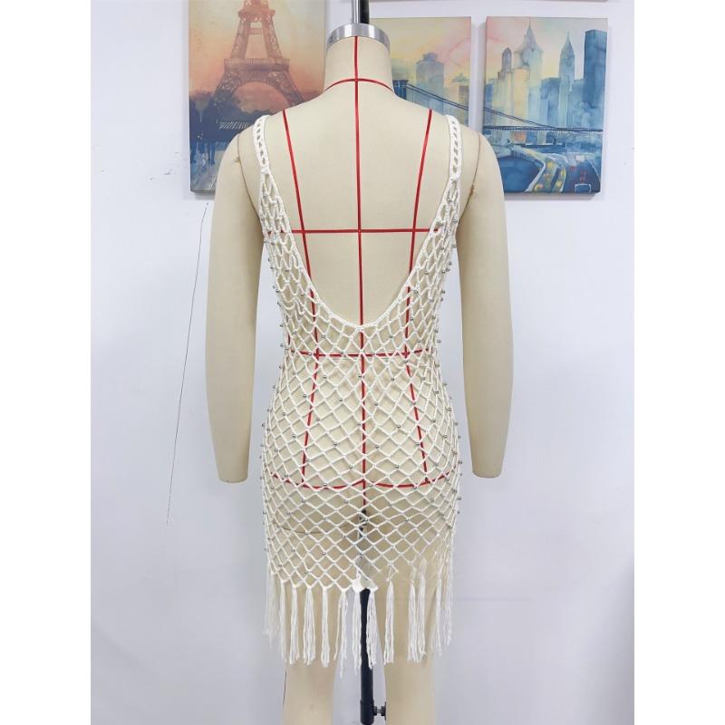 Damen Sommer Neu Träger Sexy Strand Einfarbig Handhäkel Fransen Kittel