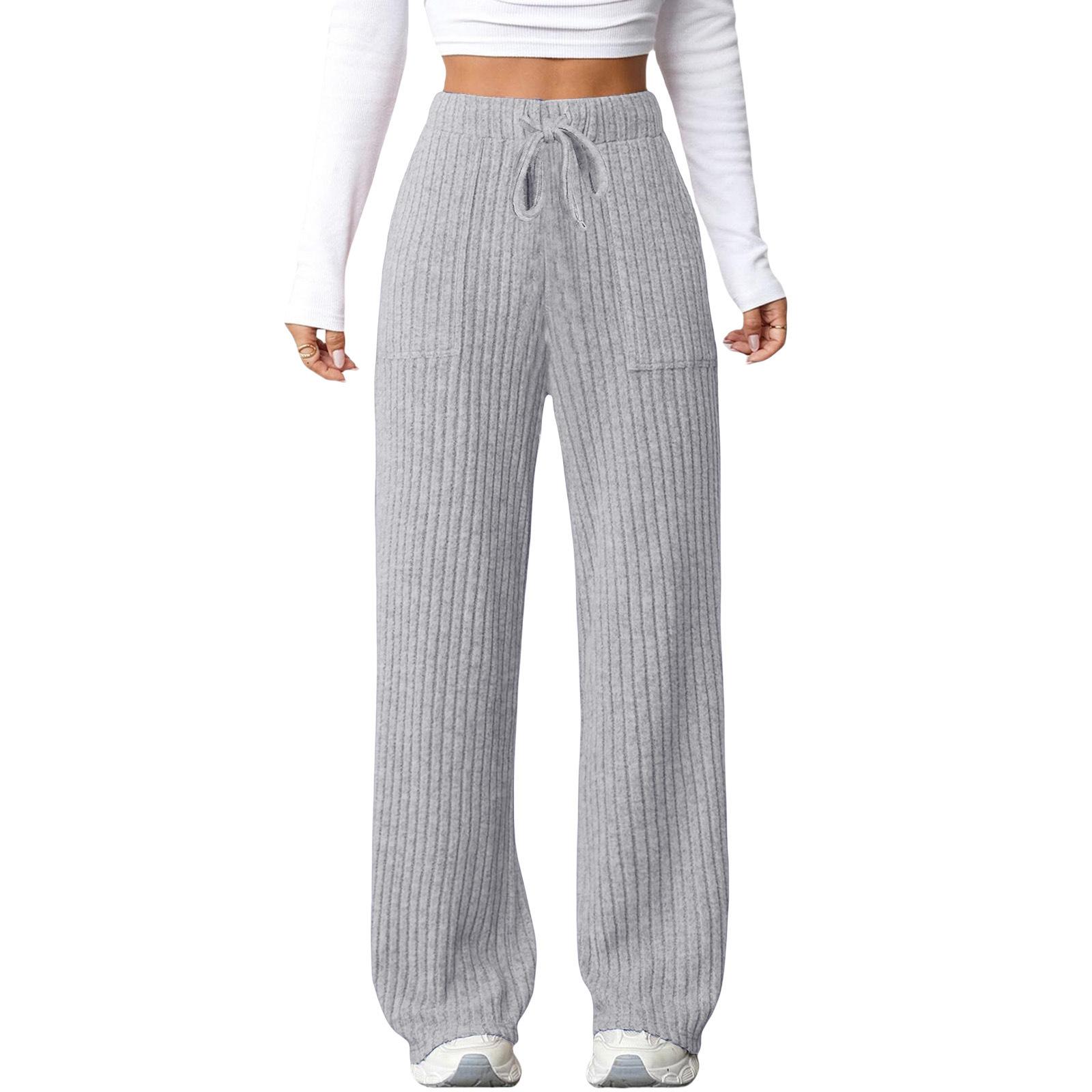 

European and American Autumn Winter New Solid Color Minimalist Fashion Versatile Ribbed Pocket Drawstring Casual Pants Women s S серый