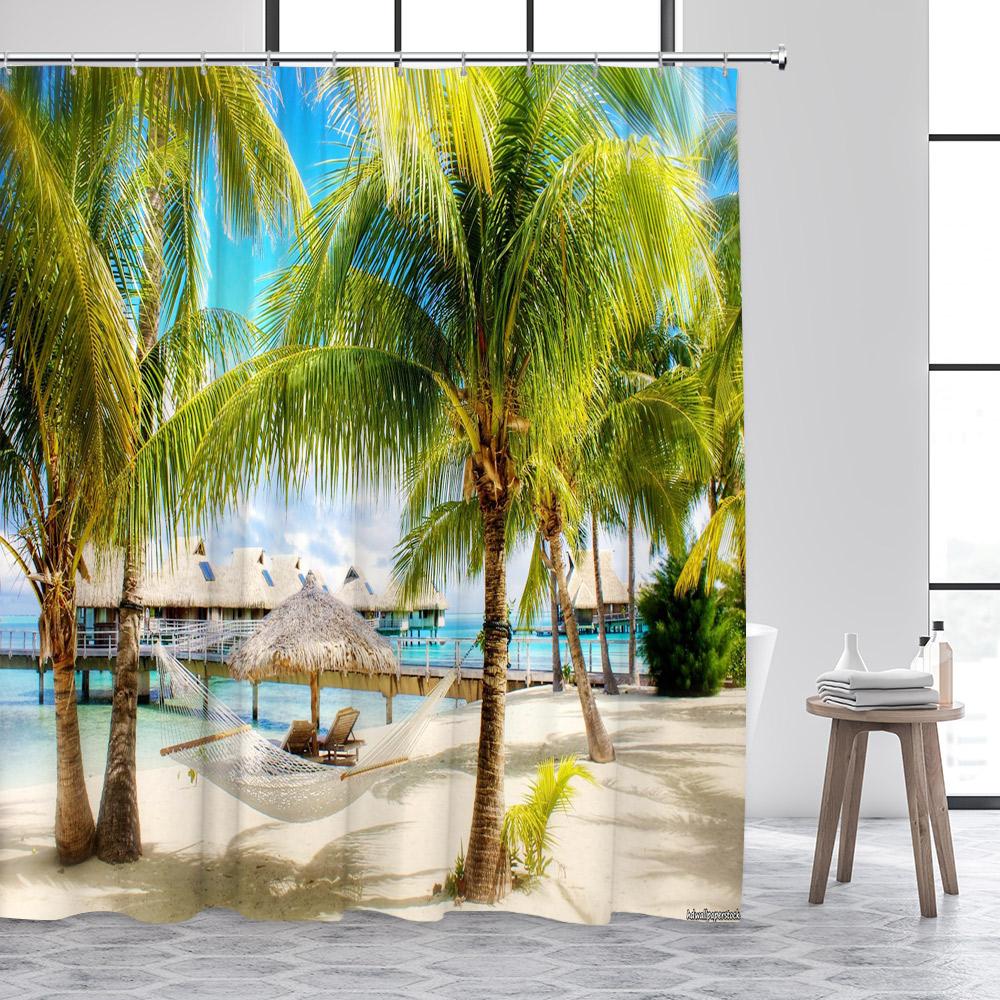 Strand Duschvorhänge Blaues Meer Insel Kokospalmen Tropisch Hawaii Natur Landschaft Badezimmervorhang Dekor mit Haken