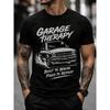 Men's Black Short Sleeve T-Shirt With Garage Therapy Graphic And Car Illustration, Round Neckline, Soft Cotton Feel For Casual Wear