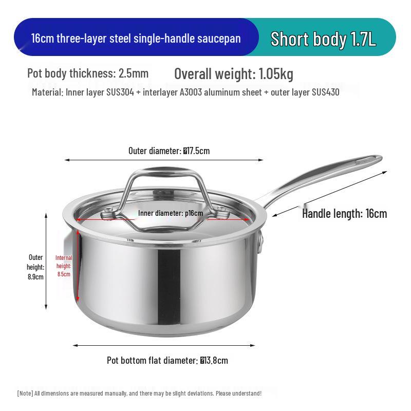 

304 Stainless Steel Three-Ply Saucepan with Single Handle for Induction, Ideal for Baby Food, Noodles, and Household Cooking.