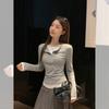 Flower ash fake two-piece splicing V-neck long-sleeved T-shirt women's autumn new slim-fitting and thin button-bottomed shirt top