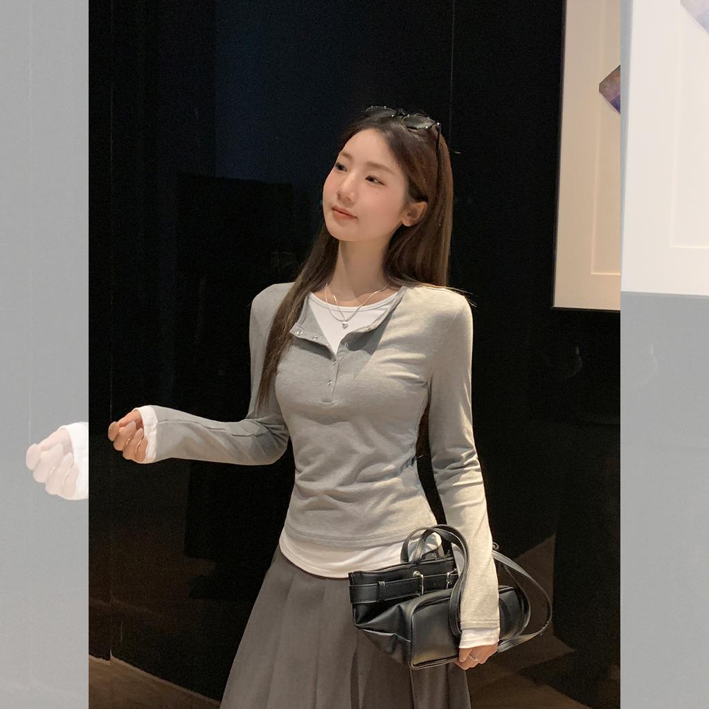 Flower ash fake two-piece splicing V-neck long-sleeved T-shirt women's autumn new slim-fitting and thin button-bottomed shirt top