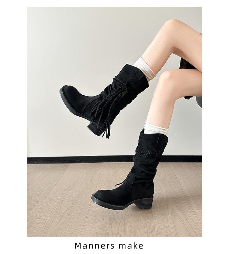 Women's Retro Chunky Heel Tassel Boots - Suede Mid-Calf Ruched Cowboy Style for Autumn/Winter