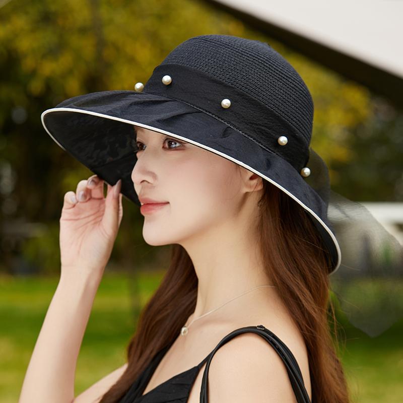 2026 New Fashion Elegant Pearl Bow Fisherman Hat Wide Brim Church Hat For Women Foldable Summer Beach Protection Sun Cap
