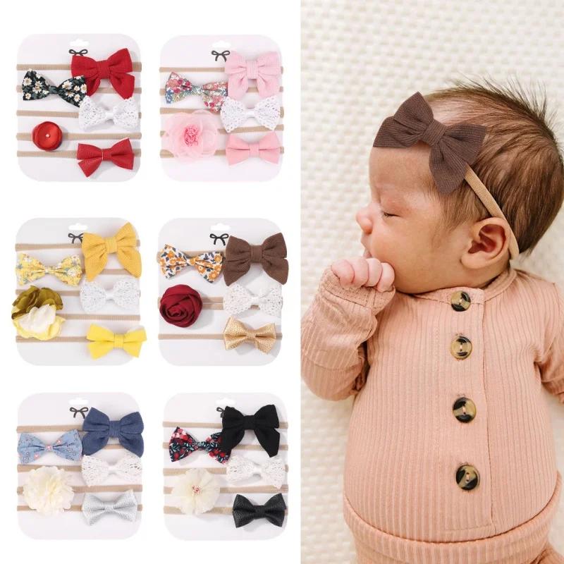 5Pcs Baby Bows Lace Flower Headband Print Nylon Cotton Hair Bands for Girls Children Newborn Toddler Soft Hair Accessories