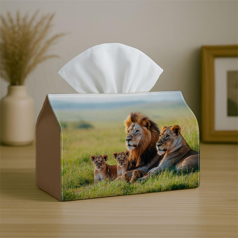 1pc Naturalistic Wildlife Classic Tissue Holder Featuring a Lion Family, Designed for Warm Fabric Napkin Storage. Ideal for Kitchens And Cars, This El