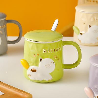 Cartoon Niedlich Relief Katze mit Deckel Löffel Keramiktasse Geschenkset Becher Kreative Persönlichkeit Wasserbecher Mädchen