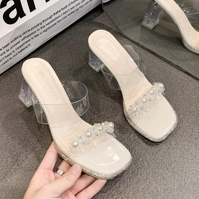 Transparente Sandalen Damen High Heels Sommer 2025 neue Damenschuhe High Fashion vielseitig Kristall dicker Absatz coole Pantoletten
