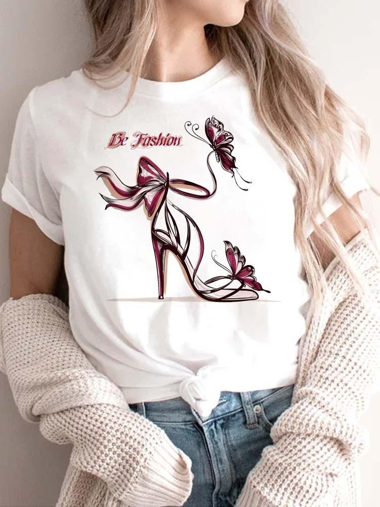 Modisches bedrucktes High-Heel-T-Shirt für Damen Modisches weißes Kurzarm-T-Shirt mit Schleifendesign Lässiges Home-Top für Mädchen
