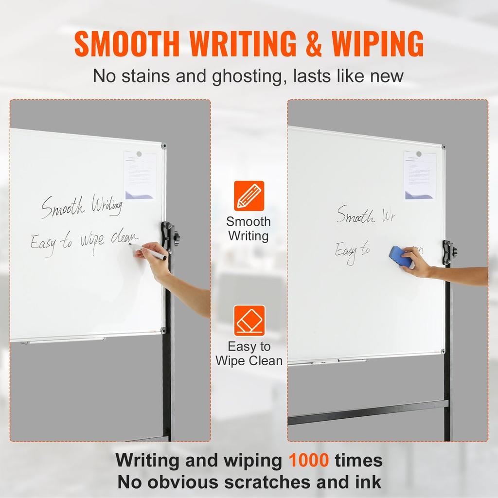 Rolling Whiteboard, 48x32 Inch Double-Sided Magnetic Mobile Whiteboard, 360° Reversible Adjustable Height Dry Erase Board with Wheels & Movable Tray