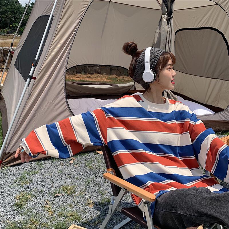 Damen Japanisches Hemd Hoodies Frühling Gestreiftes Langarm T-Shirt Lockeres Oberteil Große Größe Rundhals Bottoming Shirt