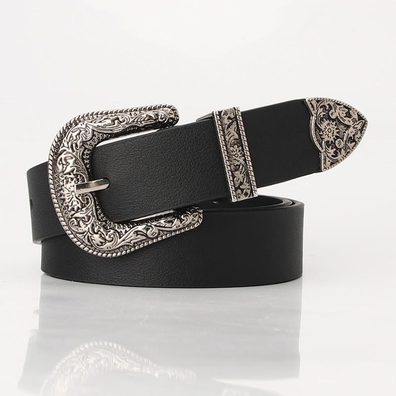 Womens PU Leather Belt With Engraved Alloy Pin Buckle Vintage Style Waistband Jeans Casual Office